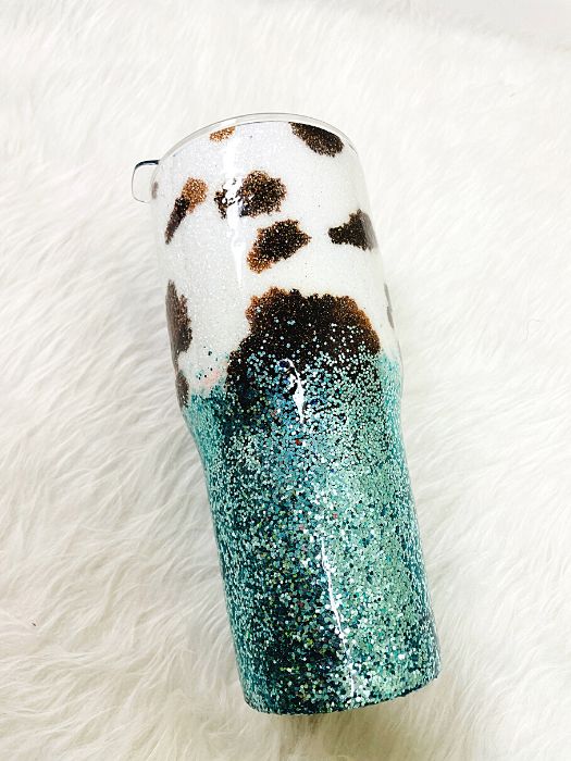 Cowhide Teal Glitter Tumbler | Personalized Tumblers Vinyl Chaos Design Co.