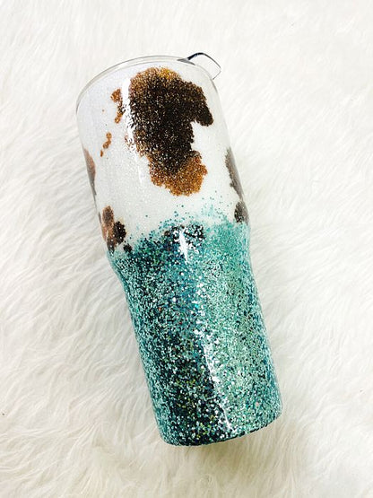 Cowhide Teal Glitter Tumbler | Personalized Tumblers Vinyl Chaos Design Co.