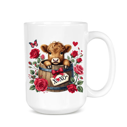 Mug with a cow design, roses, and a barrel on a white background