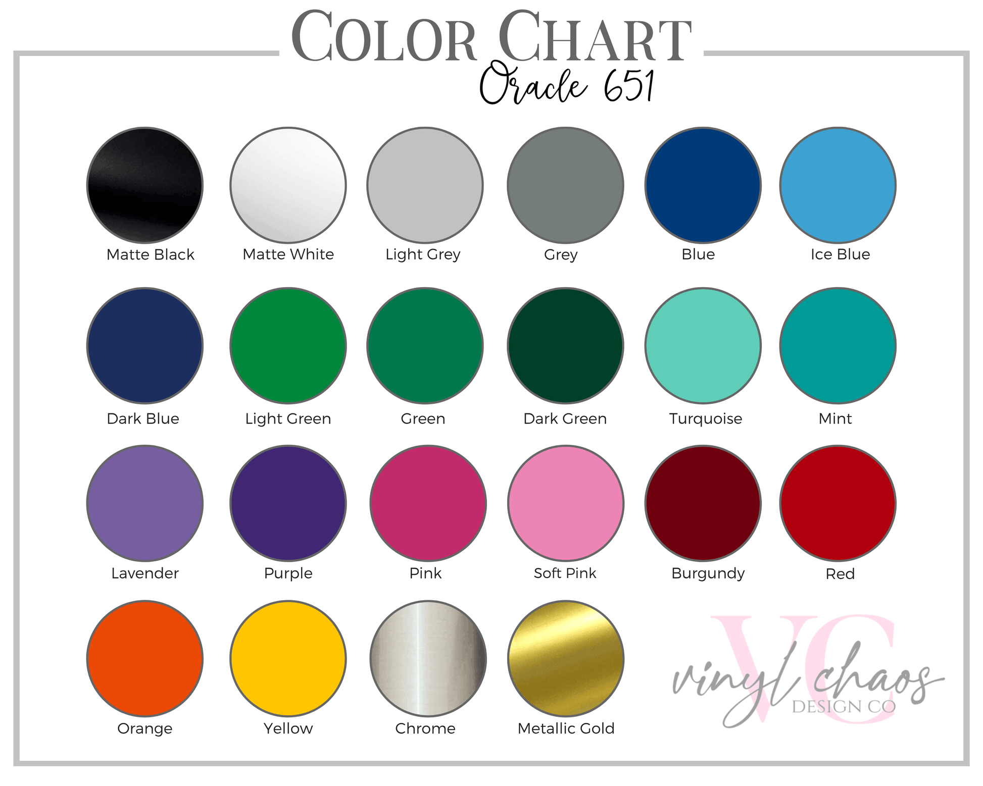 Color chart for Oracle 651 vinyl with various colors and their names.