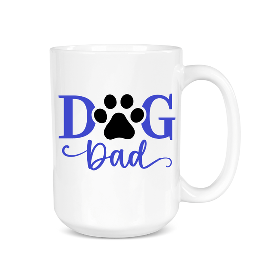 White mug with 'Dog Dad' text and paw print design on a white background