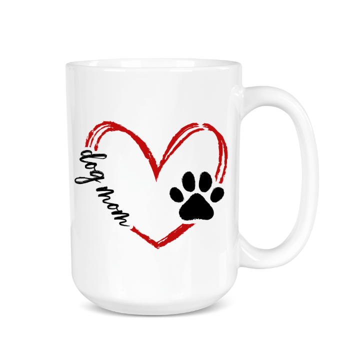 White mug with red heart, black paw print, and 'dog mom' text on a white background