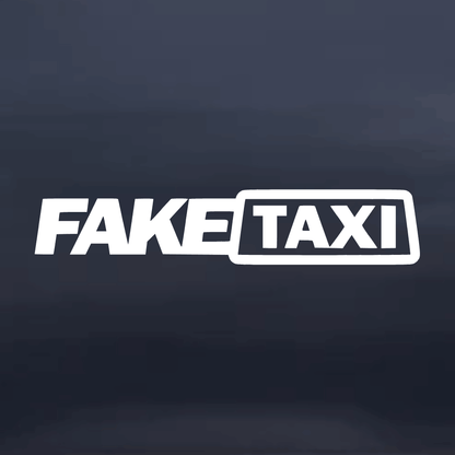 White 'FAKE TAXI' decal on a dark background