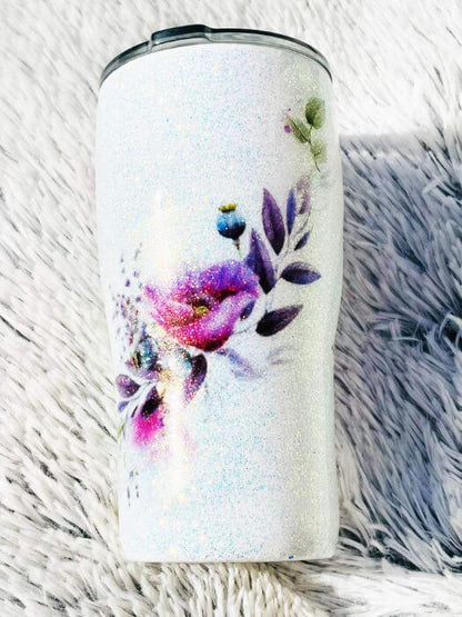 Floral Glitter Tumbler | Personalized Tumblers Vinyl Chaos Design Co.
