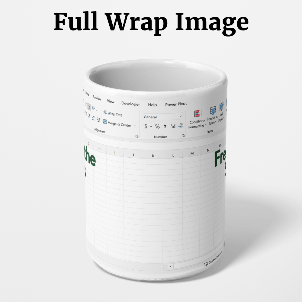 A white ceramic coffee mug printed with a spreadsheet-style interface design, shown on a light gray background with the text 'Full Wrap Image' above it.