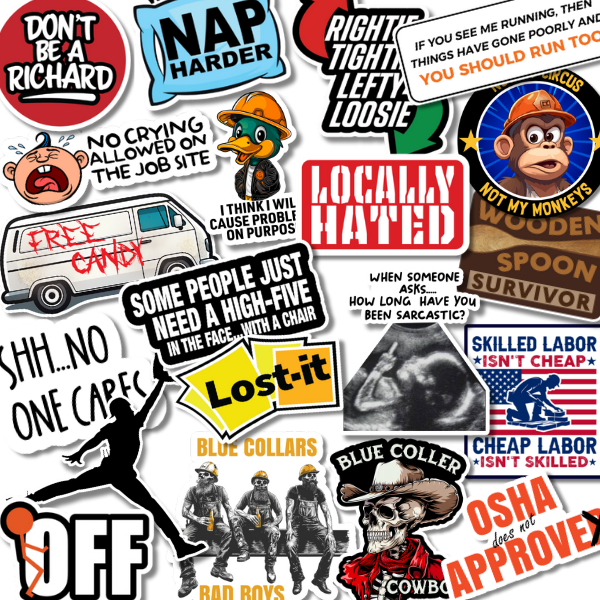 Collection of various funny blue collar stickers with different designs and text on a white background