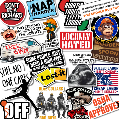 Collection of various funny blue collar stickers with different designs and text on a white background