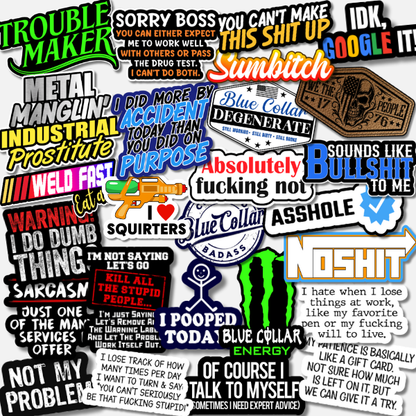 Collection of hard hat stickers with various text designs and graphics.