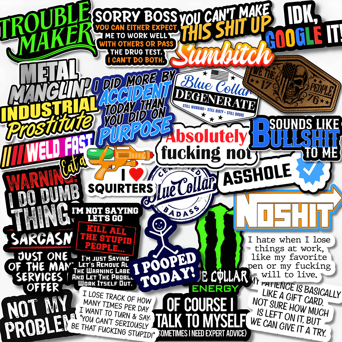 Funny adult blue collar sticker pack with sarcastic work humor, welding, construction, tradesman and inappropriate workplace vinyl stickers