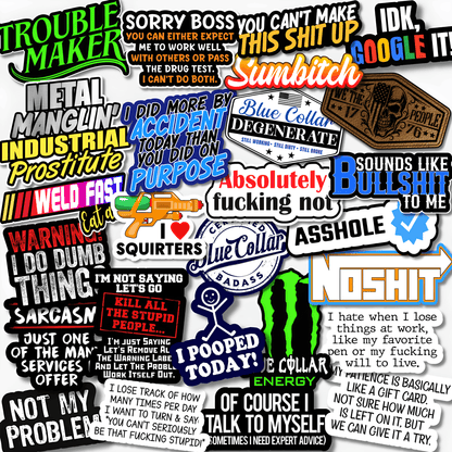 Funny adult blue collar sticker pack with sarcastic work humor, welding, construction, tradesman and inappropriate workplace vinyl stickers