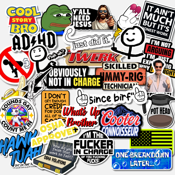 Collection of funny adult stickers with different designs and text.