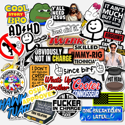 Collection of funny adult stickers with different designs and text.