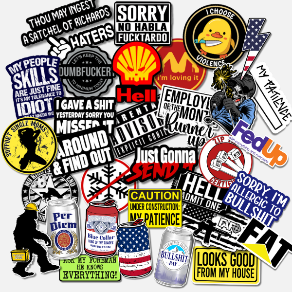 Collection of various Trades stickers with different designs and text on a white background