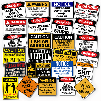 Funny warning label sticker pack with sarcastic workplace humor, OSHA jokes, caution signs, construction humor and adult vinyl stickers