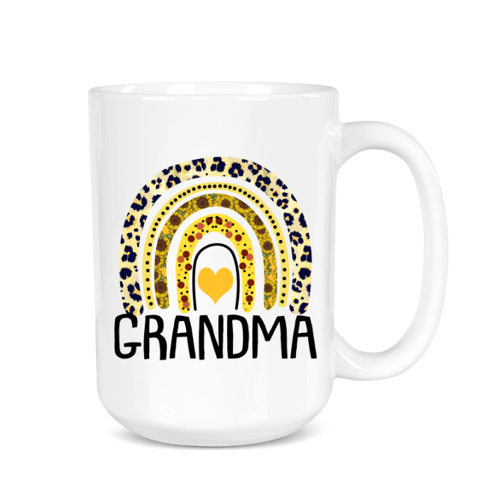 White mug with leopard print rainbow and heart design, featuring the word 'Grandma'.