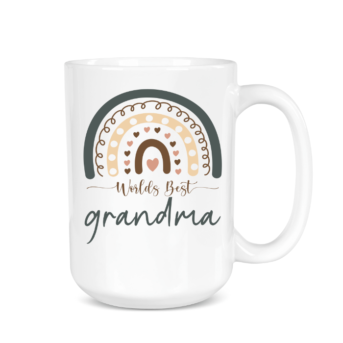 White mug with rainbow design and 'Worlds Best Grandma' text on a white background