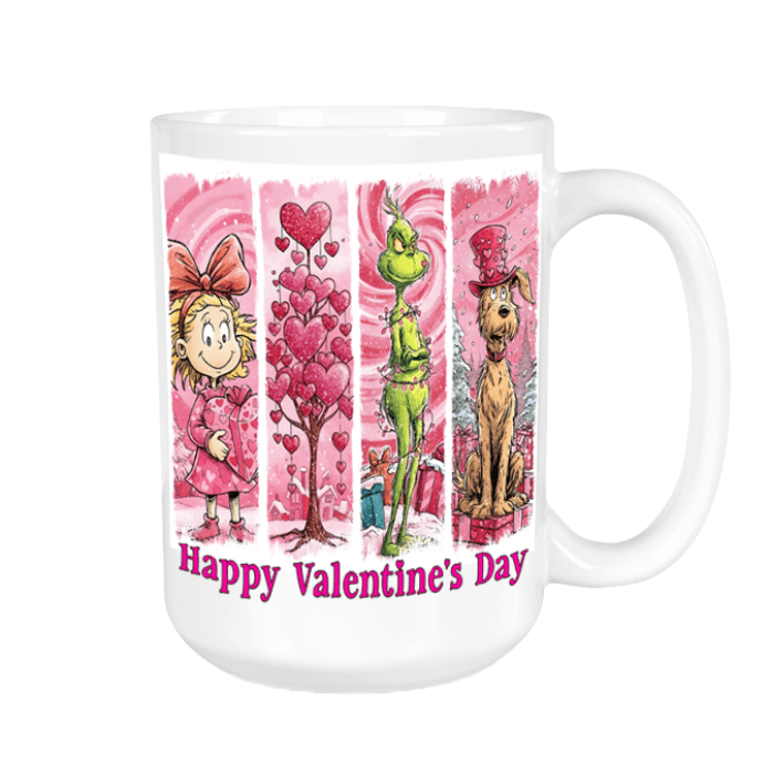 Mug with Valentine's Day-themed design featuring Grinch and characters and hearts on a pink background.