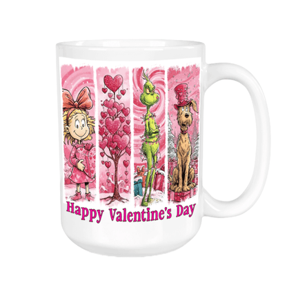Mug with Valentine's Day-themed design featuring Grinch and characters and hearts on a pink background.
