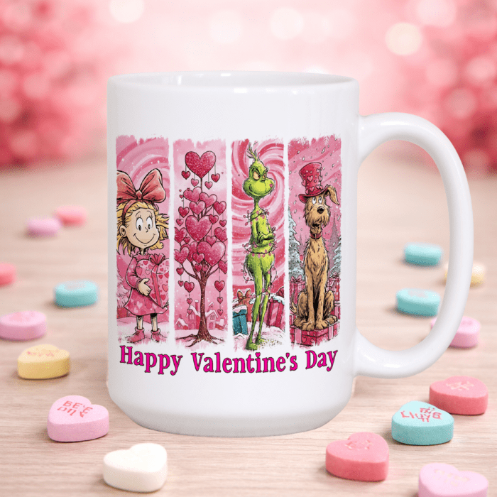 White mug with Valentine's Day-themed design featuring cartoon characters and 'Happy Valentine's Day' text, surrounded by heart-shaped candies on a wooden surface.
