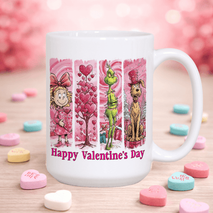 White mug with Valentine's Day-themed design featuring cartoon characters and 'Happy Valentine's Day' text, surrounded by heart-shaped candies on a wooden surface.