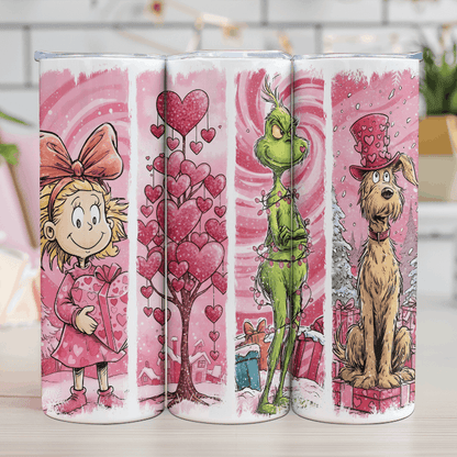 Four tumblers with Valentine's Day-themed designs featuring cartoon characters on a pink background.