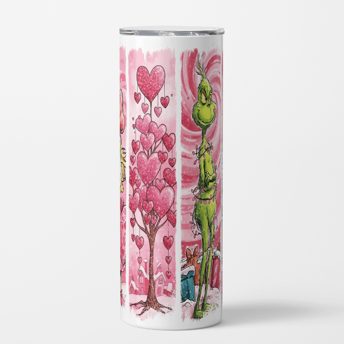 Tumbler with a green character and pink hearts on a white background