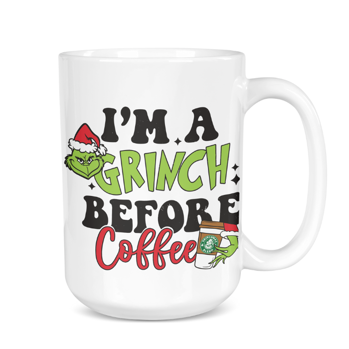 White mug with Grinch-themed text and graphics on a white background