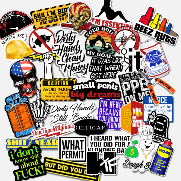 Collection of adult hard hat stickers with different designs and text on a white background