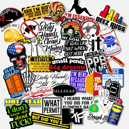 Collection of adult hard hat stickers with different designs and text on a white background