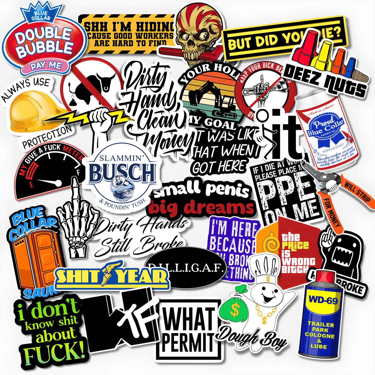 Funny blue collar hard hat sticker pack with construction humor, dirty hands, OSHA jokes, tradesman sayings and adult work stickers