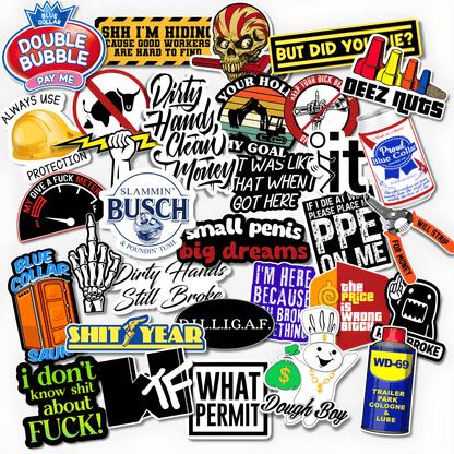 Funny blue collar hard hat sticker pack with construction humor, dirty hands, OSHA jokes, tradesman sayings and adult work stickers