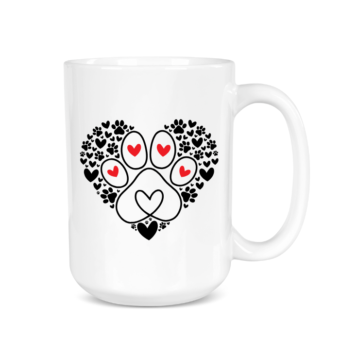 White mug with a heart-shaped paw design featuring red hearts and black paw prints on a white background.