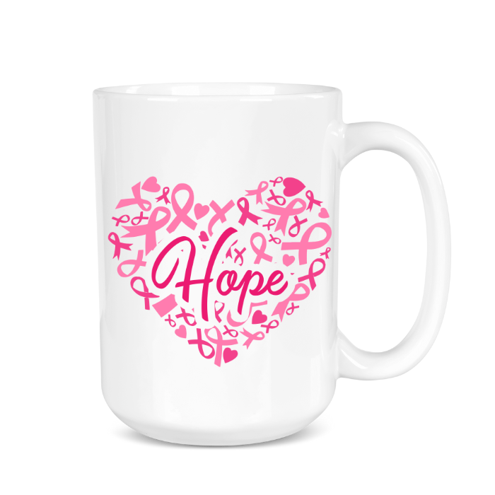 White mug with pink 'Hope' design featuring breast cancer awareness ribbons on a white background