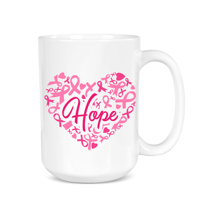 White mug with pink 'Hope' design featuring breast cancer awareness ribbons on a white background