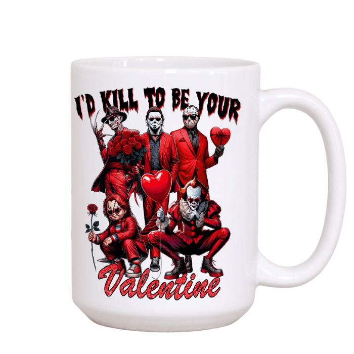 Horror mug with graphic design of characters in red suits and text 'I'd Kill to be Your Valentine' on a white background