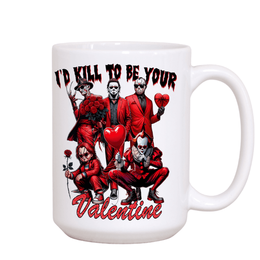 Horror mug with graphic design of characters in red suits and text 'I'd Kill to be Your Valentine' on a white background