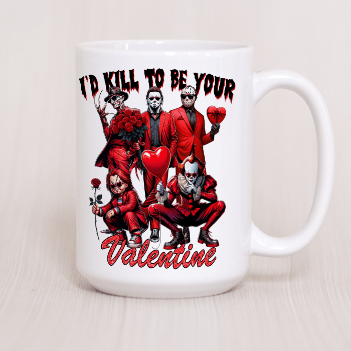 Horror mug with graphic design of people in red suits holding hearts and text 'I'd Kill to be Your Valentine' on a light background.