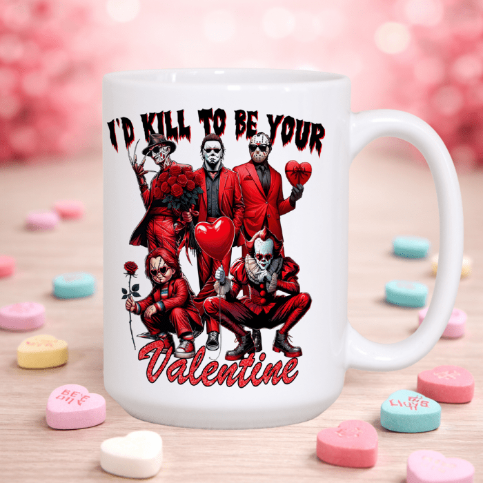 Horror mug with graphic design of characters in red suits and hearts, surrounded by Valentine-themed candy on a wooden surface.