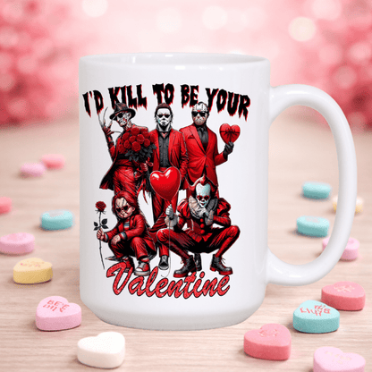 Horror mug with graphic design of characters in red suits and hearts, surrounded by Valentine-themed candy on a wooden surface.