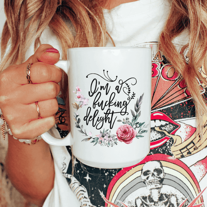 Sarcastic floral coffee mug for women with “I’m a Fucking Delight” design