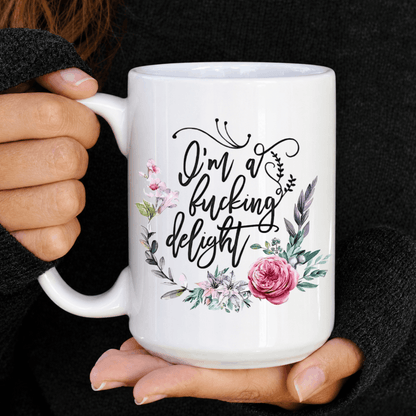 Sassy women’s coffee mug with pink floral artwork and sarcastic adult humor quote