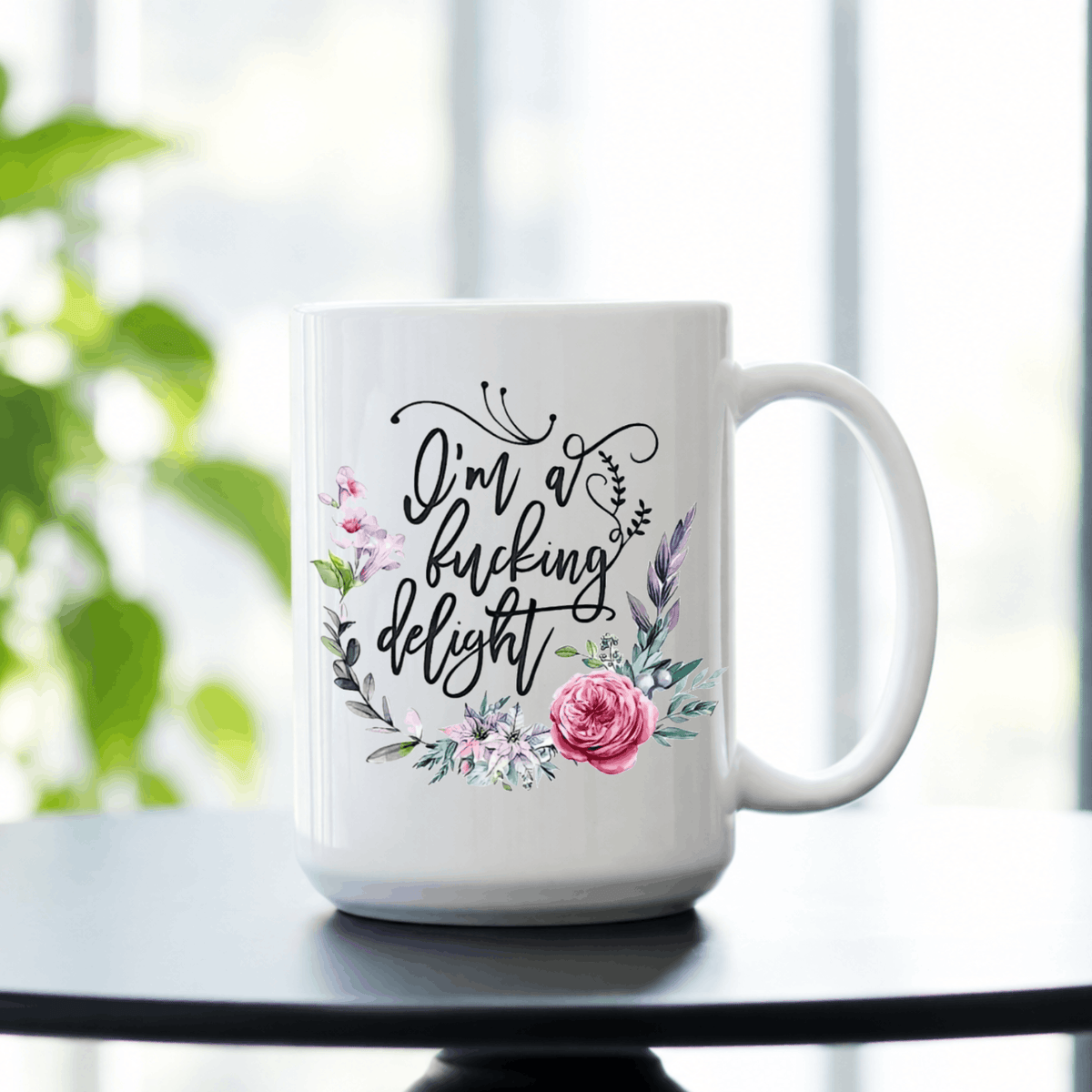 White 15 oz ceramic mug with pink flowers and funny profanity saying