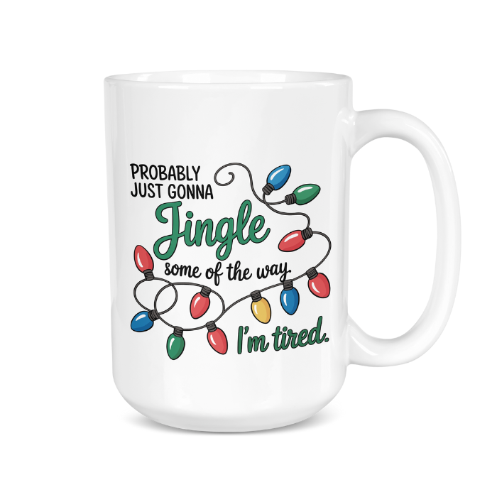 White mug with Christmas lights and text on a white background