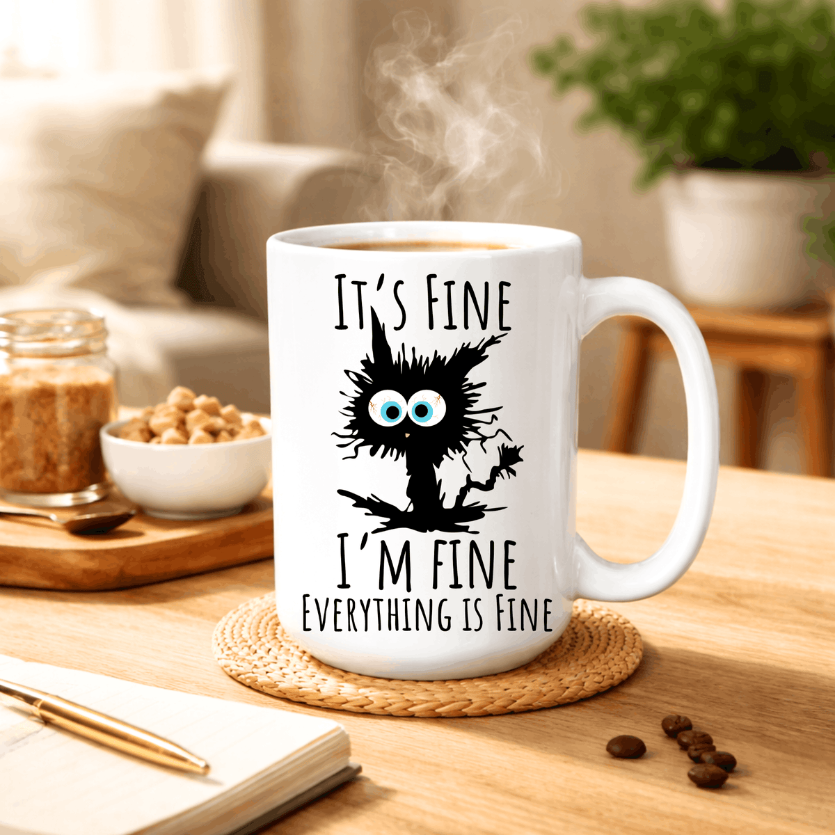 It’s Fine I’m Fine Everything Is Fine 15 oz coffee mug with crazy black cat design