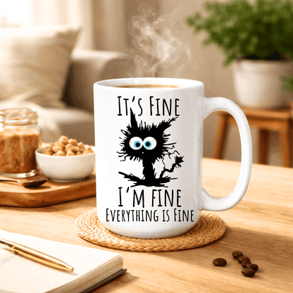 It’s Fine I’m Fine Everything Is Fine 15 oz coffee mug with crazy black cat design