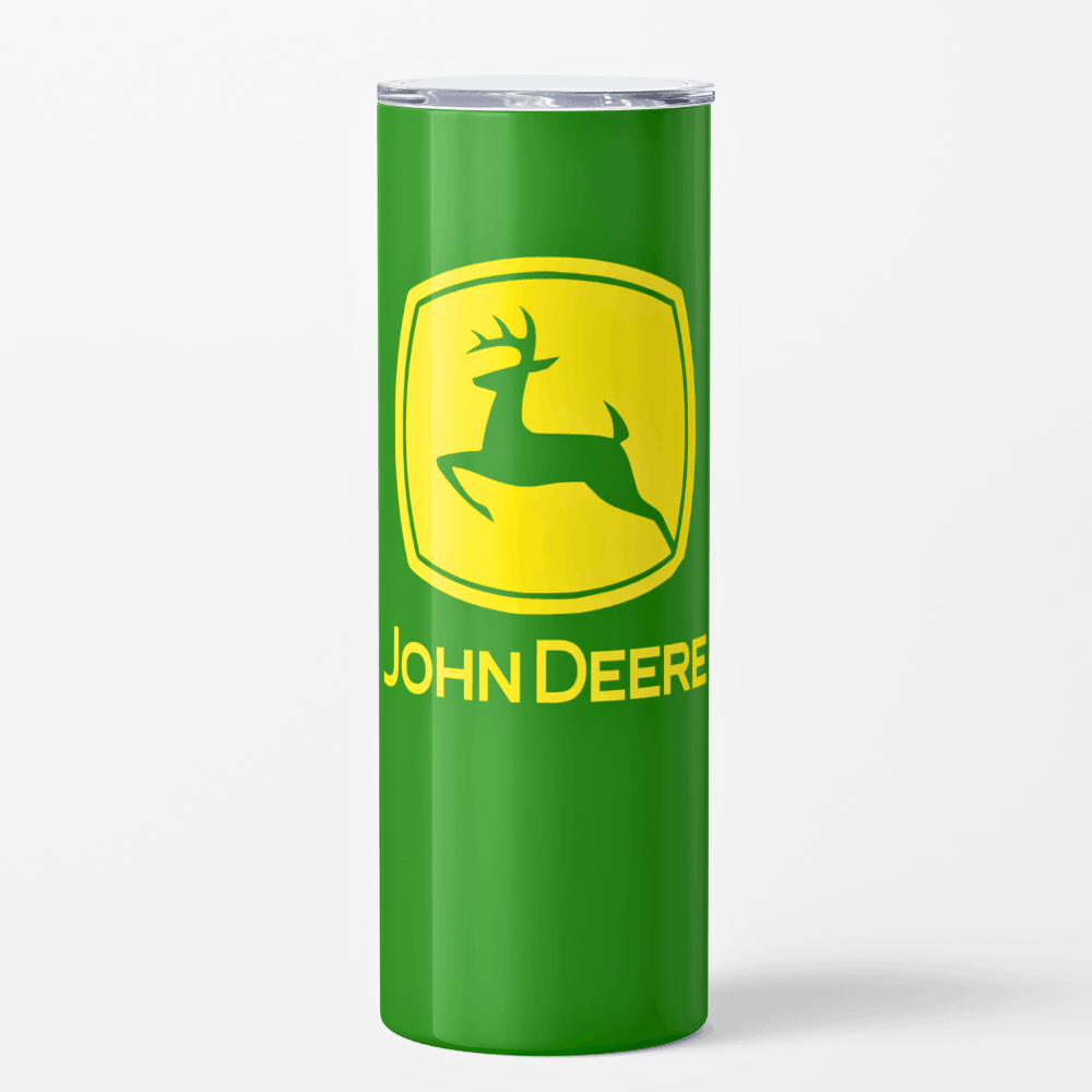 Green tumbler with John Deere logo on a white background