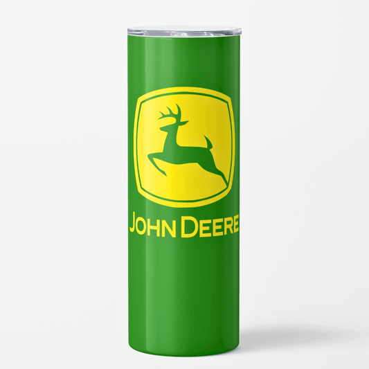 Green tumbler with John Deere logo on a white background