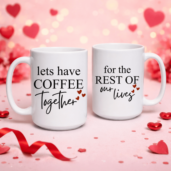Two white mugs with romantic text on a pink background with hearts and ribbons.