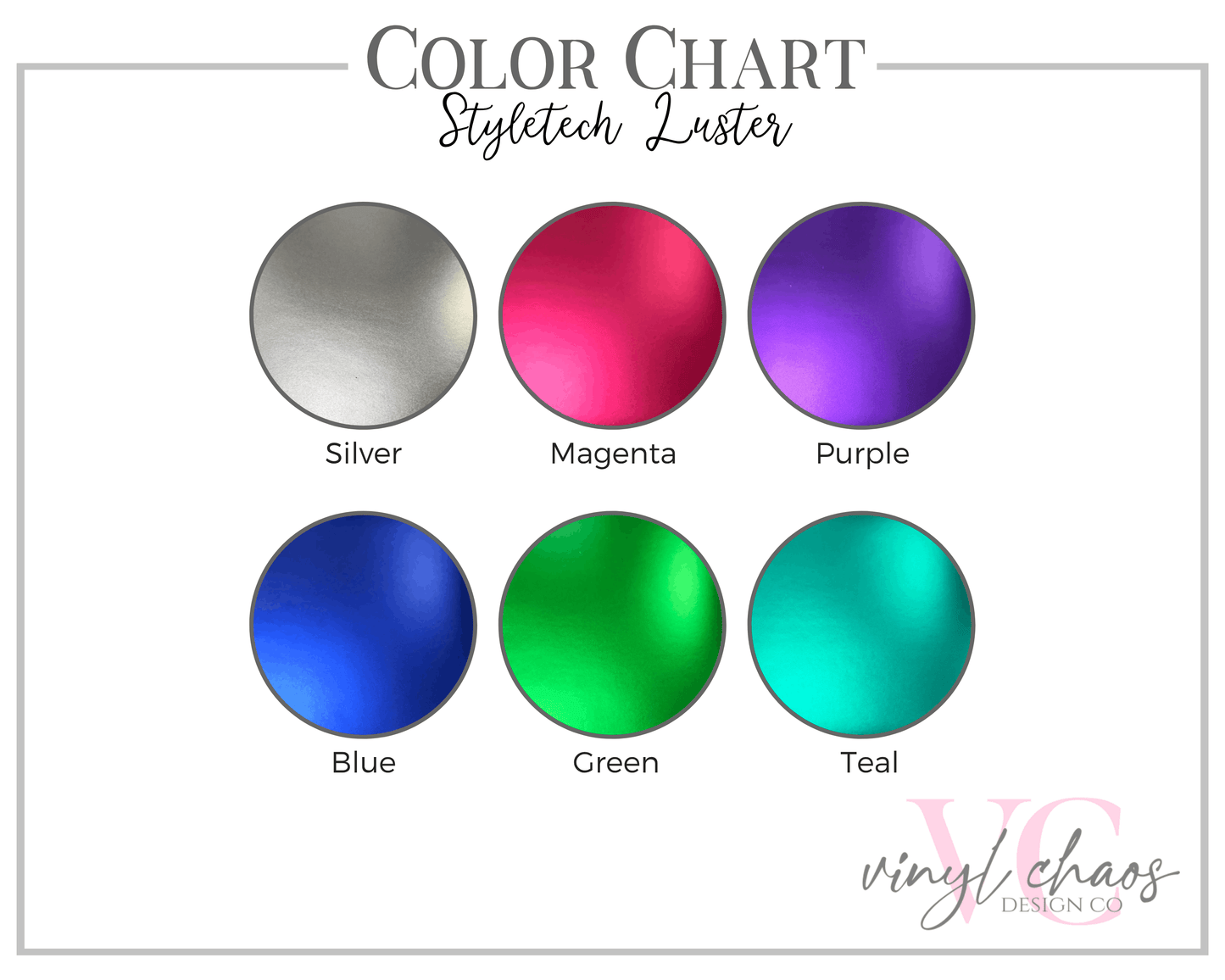 Color chart for Styletech Luster with silver, magenta, purple, blue, green, and teal shades.