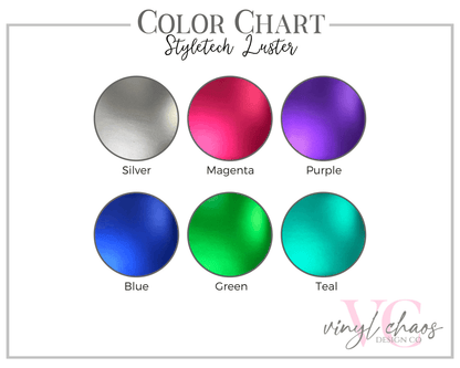 Color chart for Styletech Luster with silver, magenta, purple, blue, green, and teal shades.